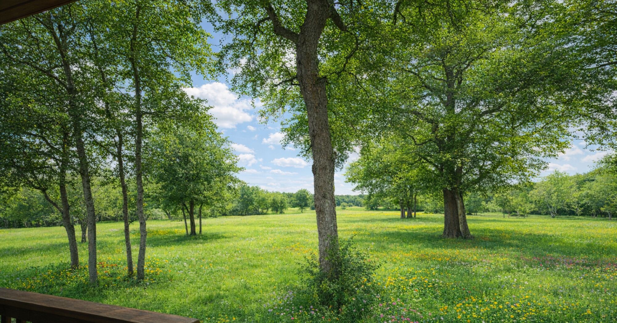 A natural landscape with trees and a grassy field.