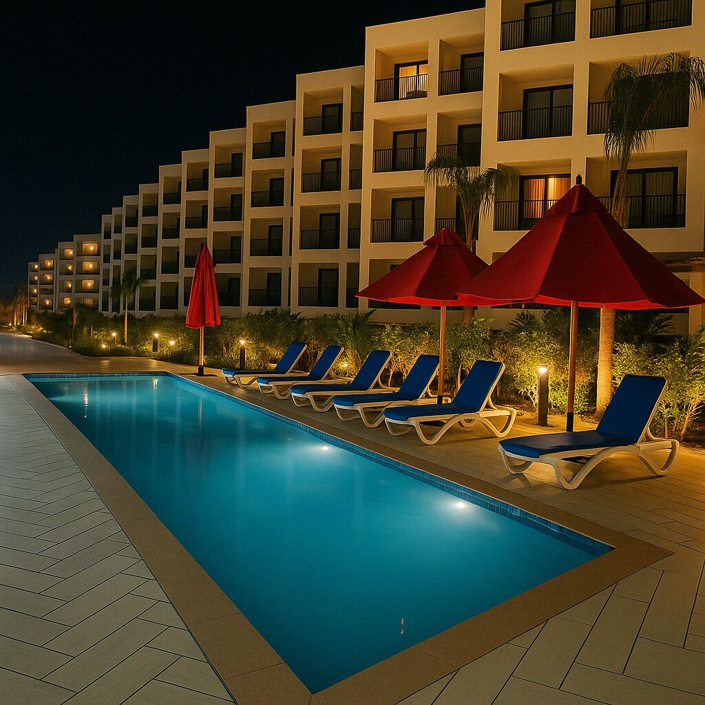 A swimming pool with lounge chairs and red umbrellas, surrounded by a hotel building with balconies.