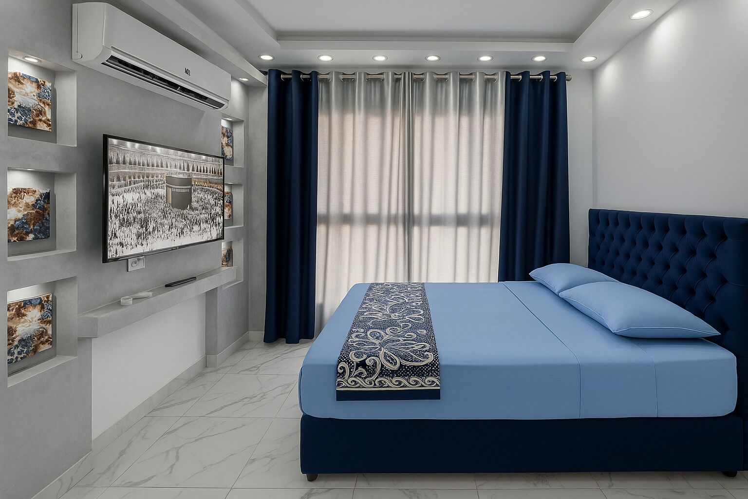 A modern bedroom with a large bed, a mounted TV, and artwork on the walls.