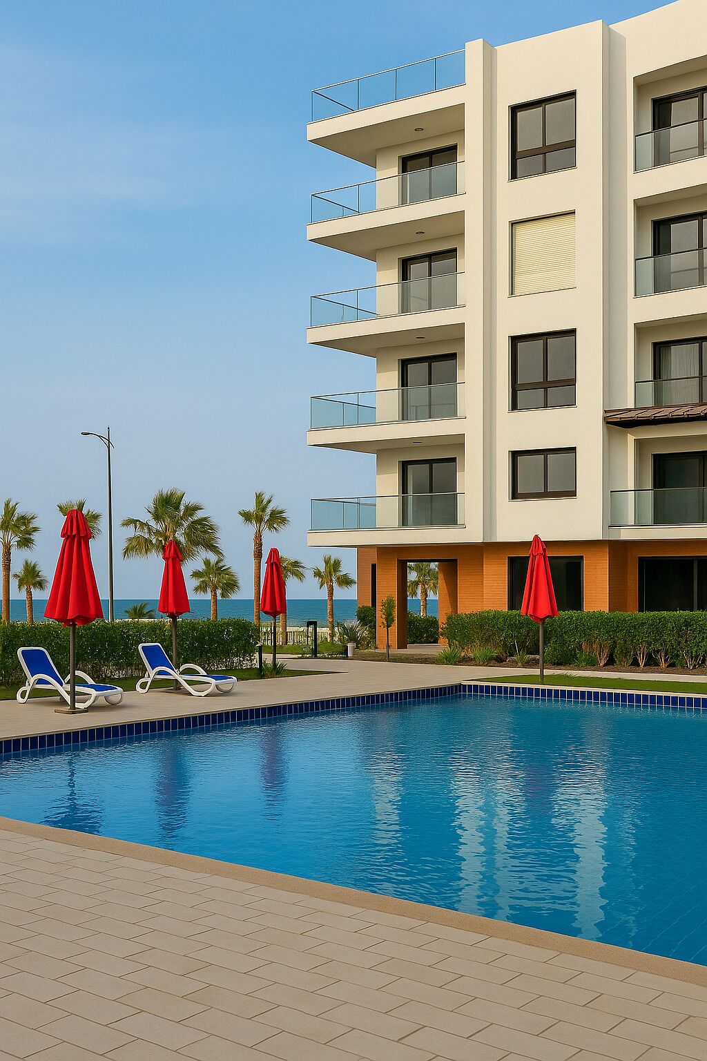 A modern hotel with a pool area, red umbrellas, and palm trees.