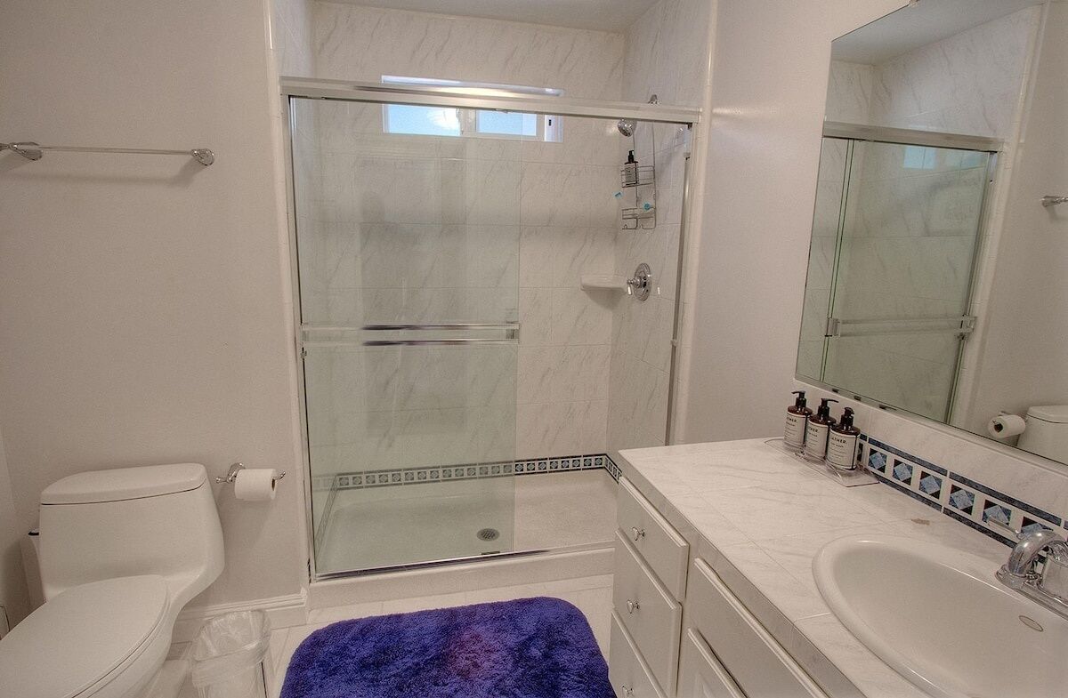 A bathroom with a glass-enclosed shower, a white toilet, a sink, and a mirror.