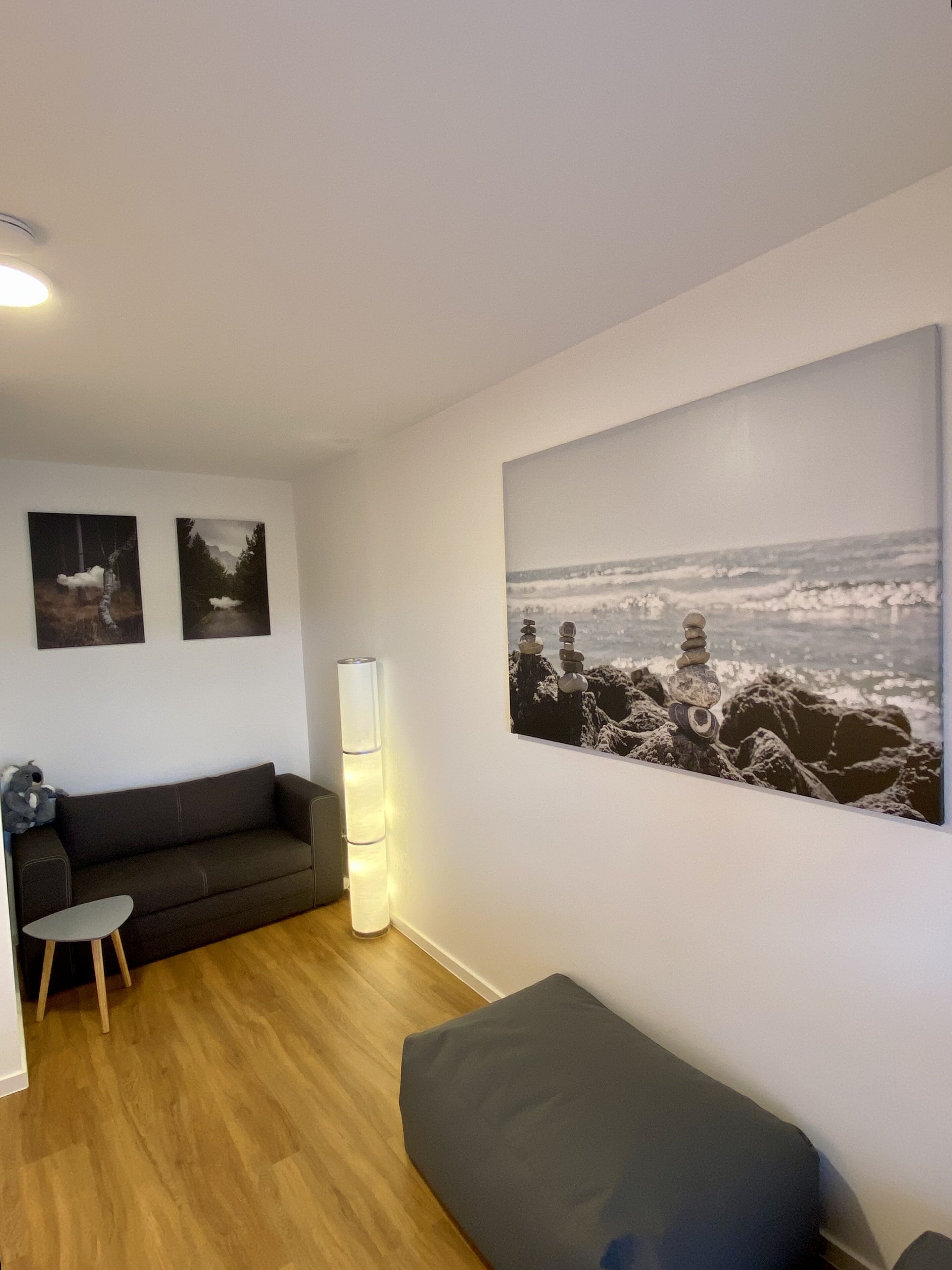 A living room with a dark sofa, a small table, and a large framed picture of a snowy landscape.