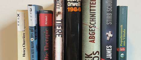 A collection of books on a shelf.