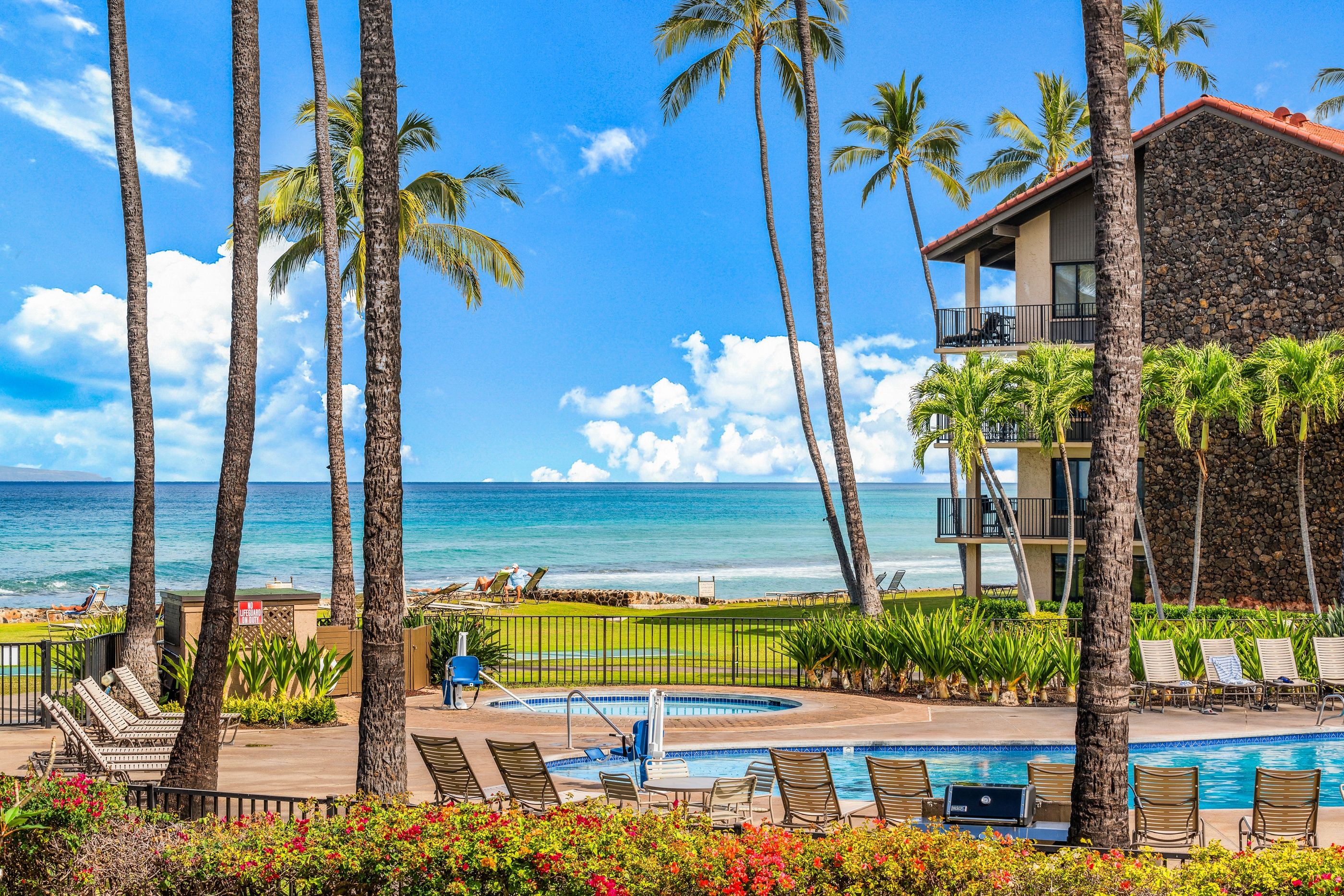 A resort with a pool, palm trees, and a view of the ocean.
