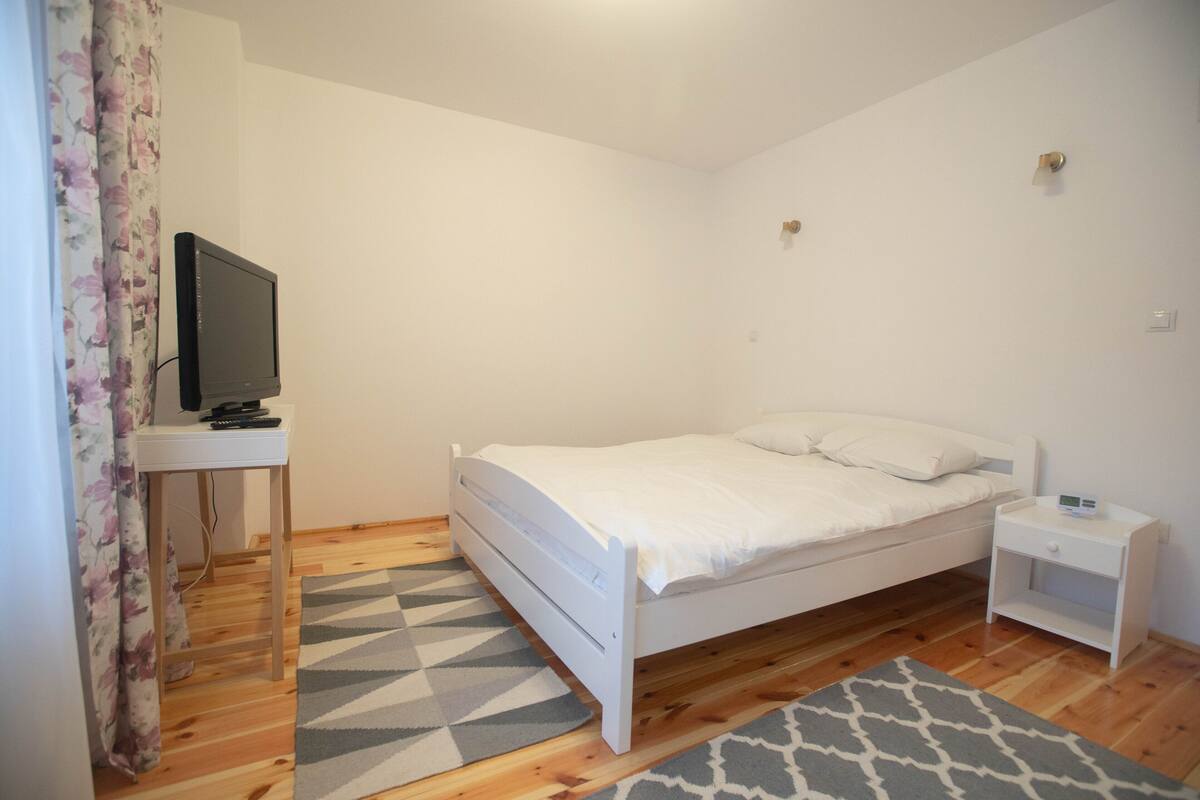 A bedroom with a bed, a nightstand, a television on a stand, and a patterned rug.