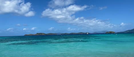 On the beach, sun-loungers, beach towels