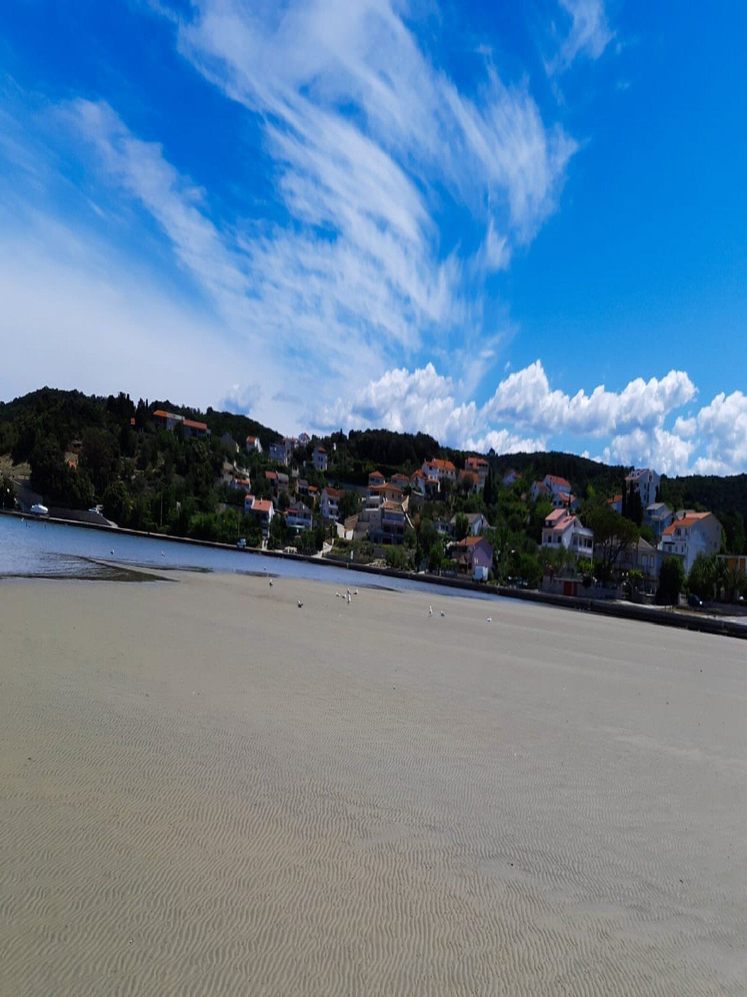 Une plage avec un ciel dégagé et des maisons en arrière-plan.