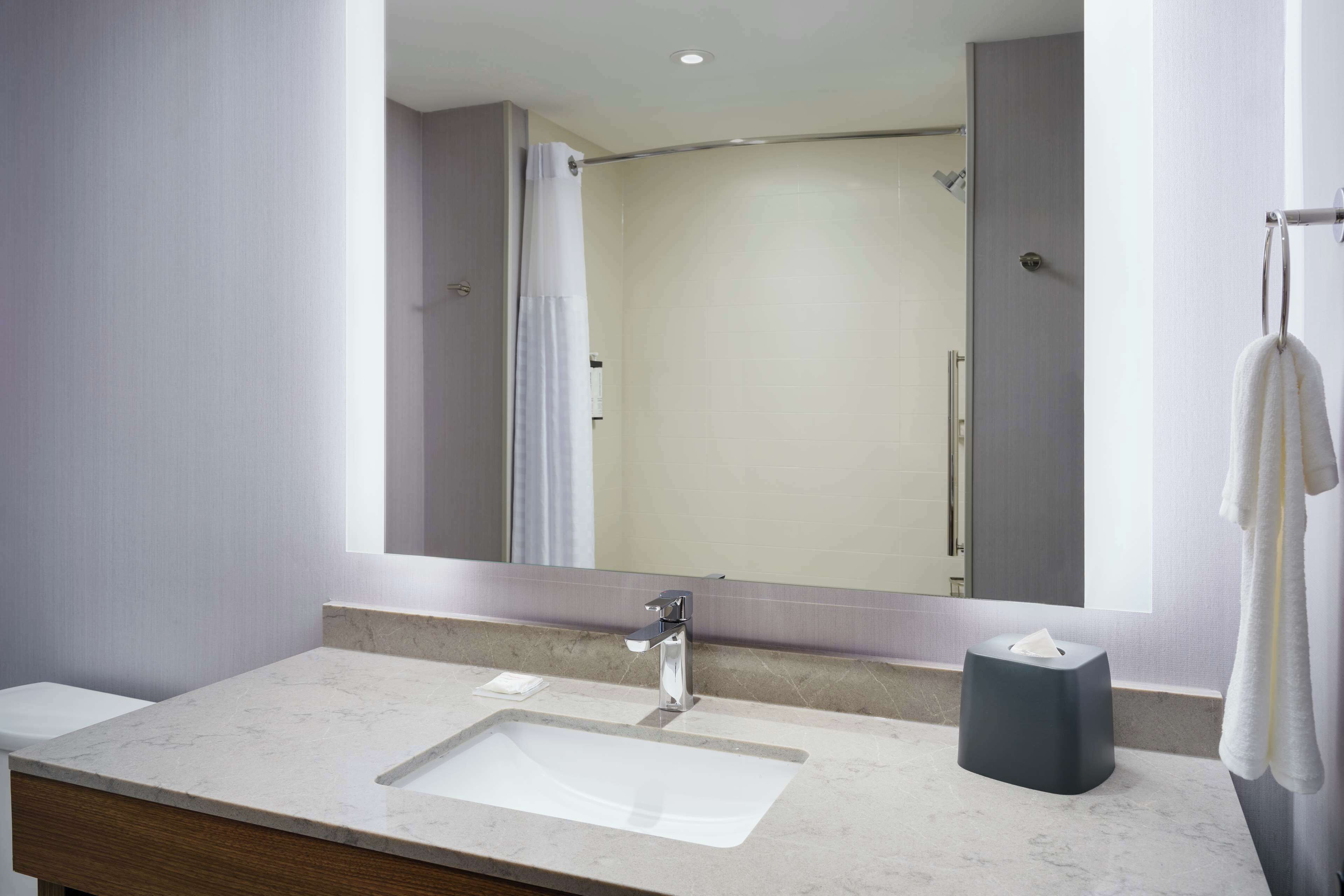 Un baño moderno con un espejo grande, un lavamanos y una ducha.