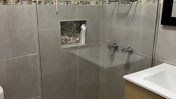 Hair dryer, towels, soap, toilet paper