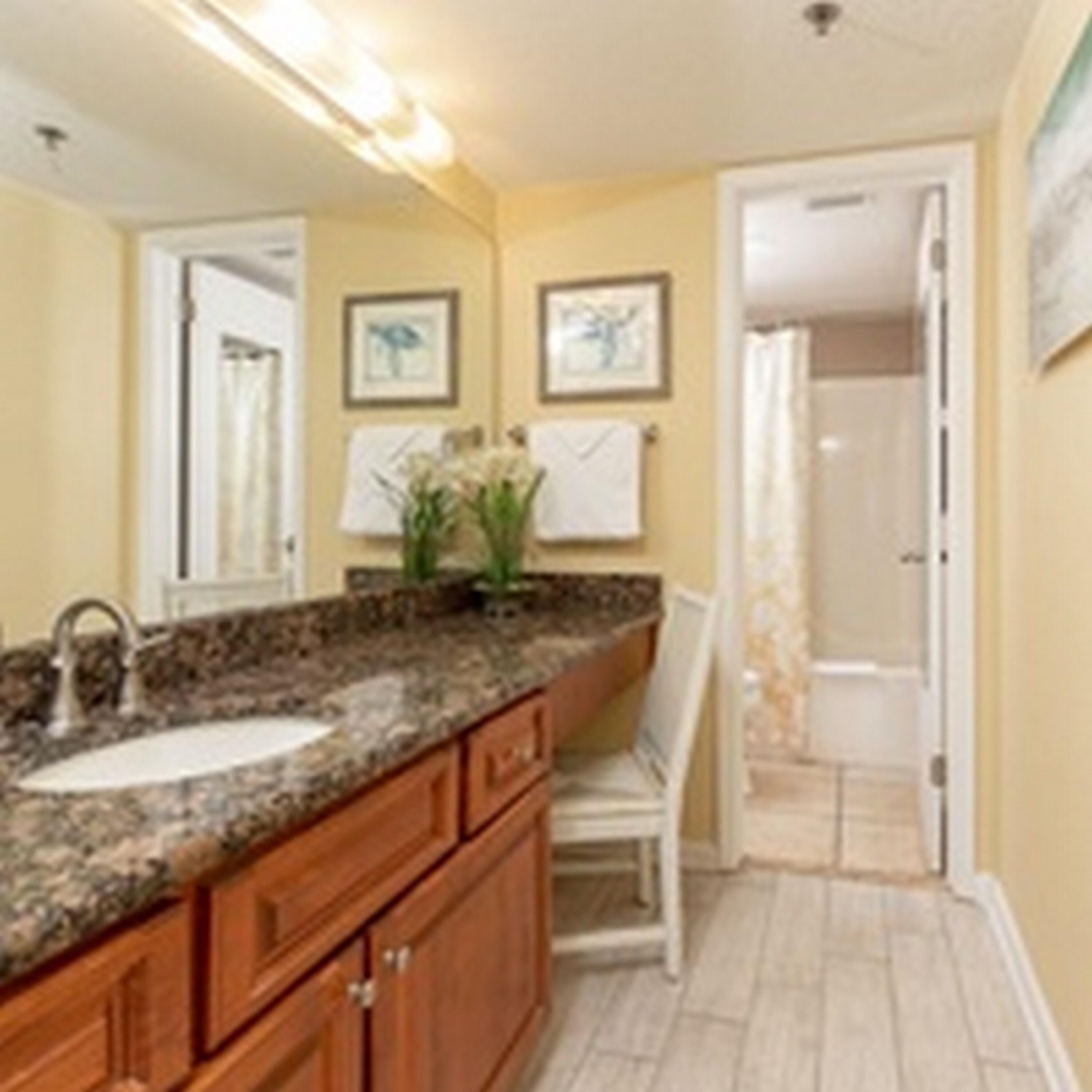 A bathroom with a granite countertop sink, wooden cabinets, and a shower area visible through an open door.