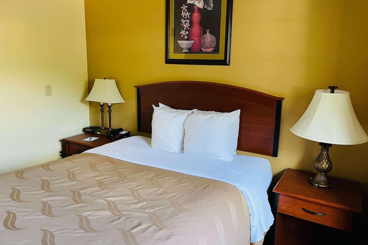 Une chambre d’hôtel comprenant un lit, deux tables de chevet avec des lampes, une table de nuit, un tableau accroché au mur et un tiroir de chevet.