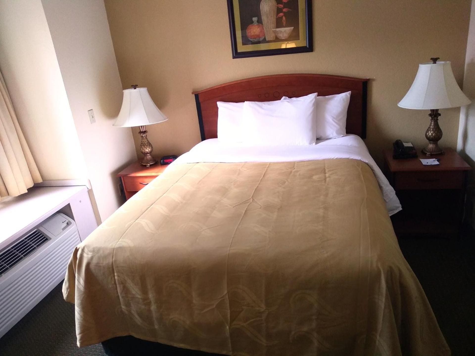 Habitación de hotel con una cama, dos lámparas de noche, una mesita de noche, un calentador y un cuadro en la pared.