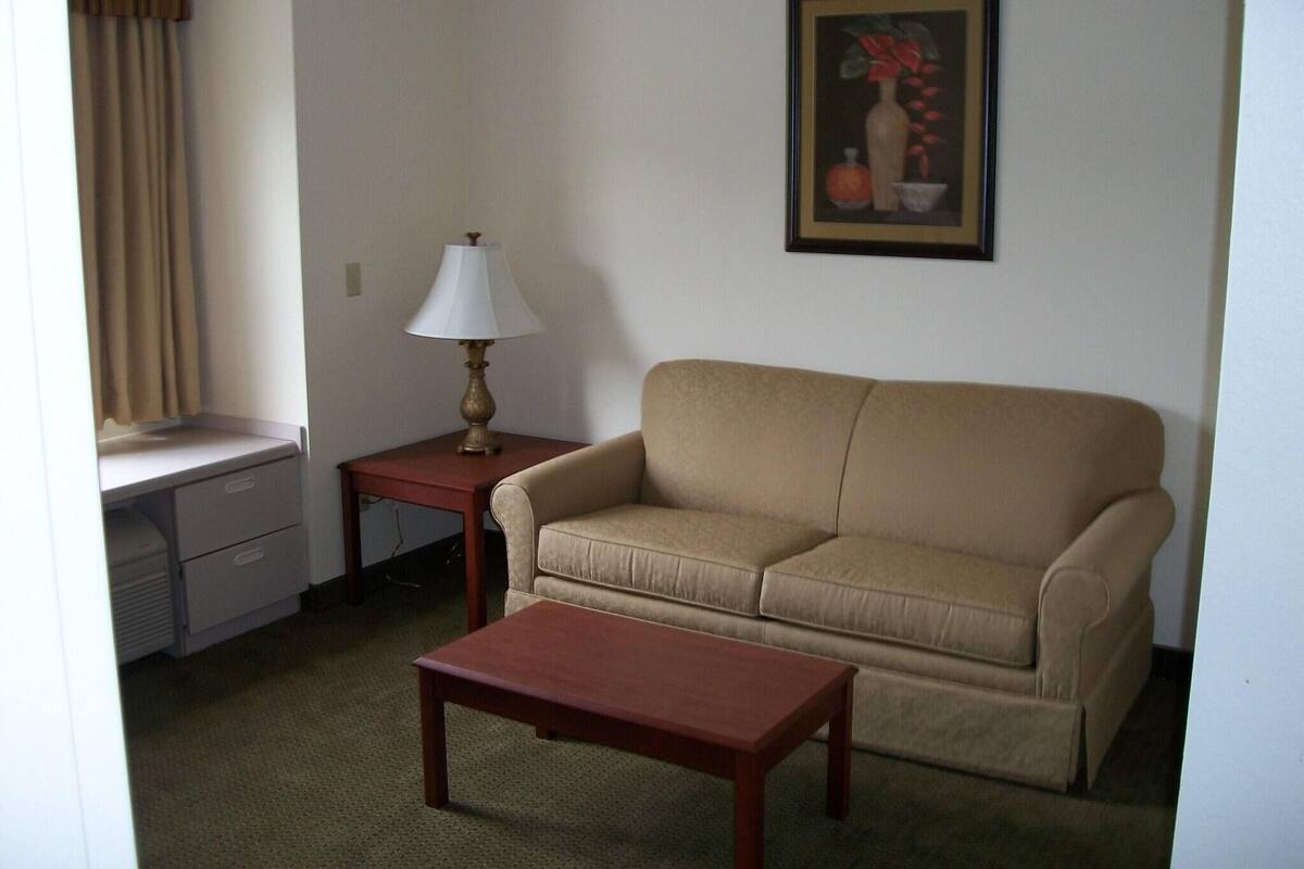 Un salon comprenant un canapé, une table basse, une lampe, un bureau avec des tiroirs et un tableau accroché au mur.
