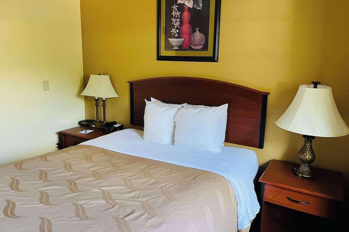 Une chambre d’hôtel avec un lit, deux tables de chevet avec des lampes, une petite table avec un téléphone et un tableau au mur.