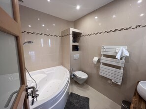 Douche, sèche-cheveux, serviettes fournies, savon