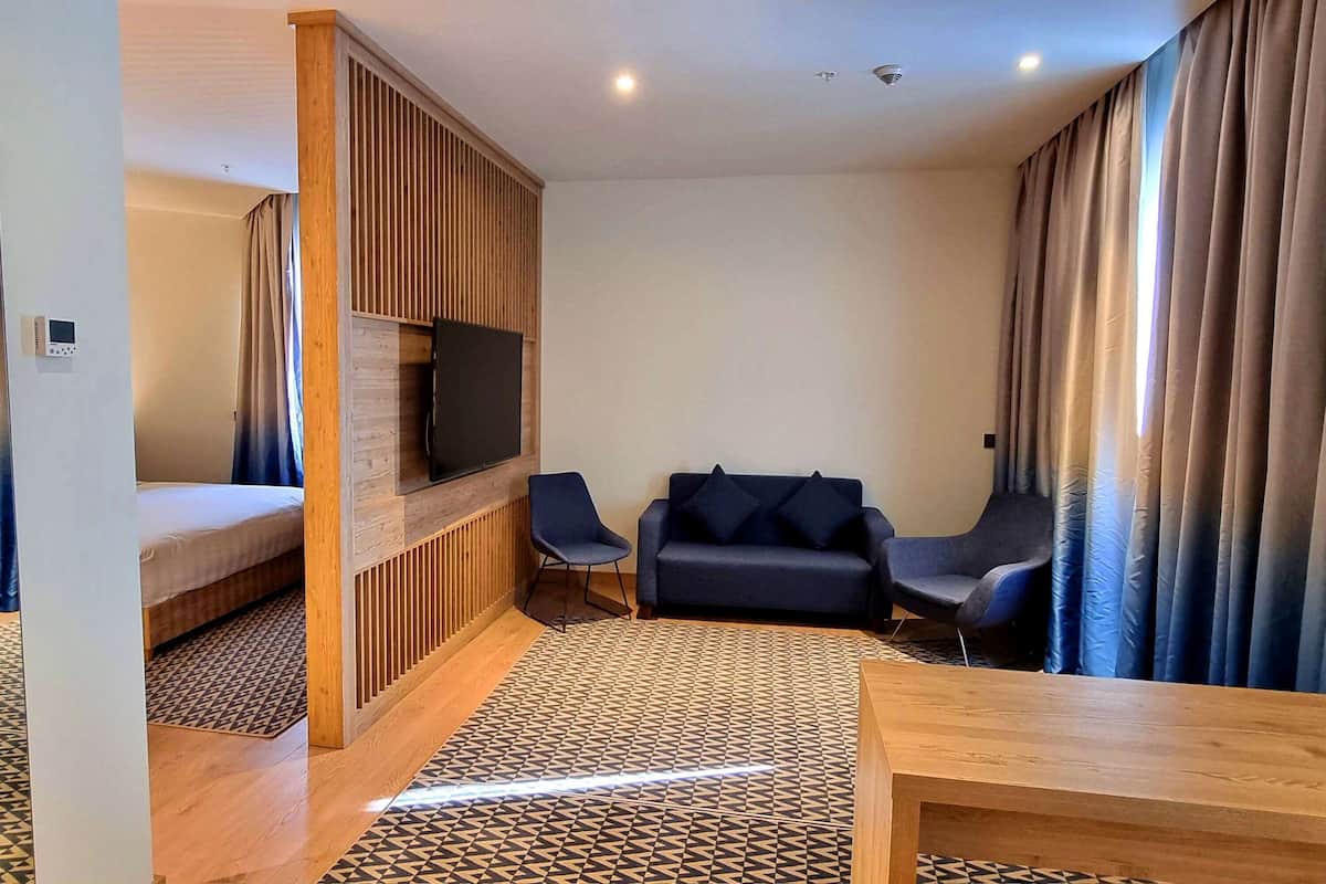 Habitación de hotel moderna con cama, sofá, televisor y un panel de madera.