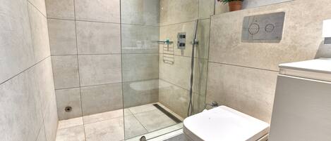 A modern bathroom with a glass-enclosed shower, a toilet, and a sink.