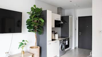 A modern kitchen with a built-in washing machine, a large potted plant, and a flat-screen TV mounted on the wall.