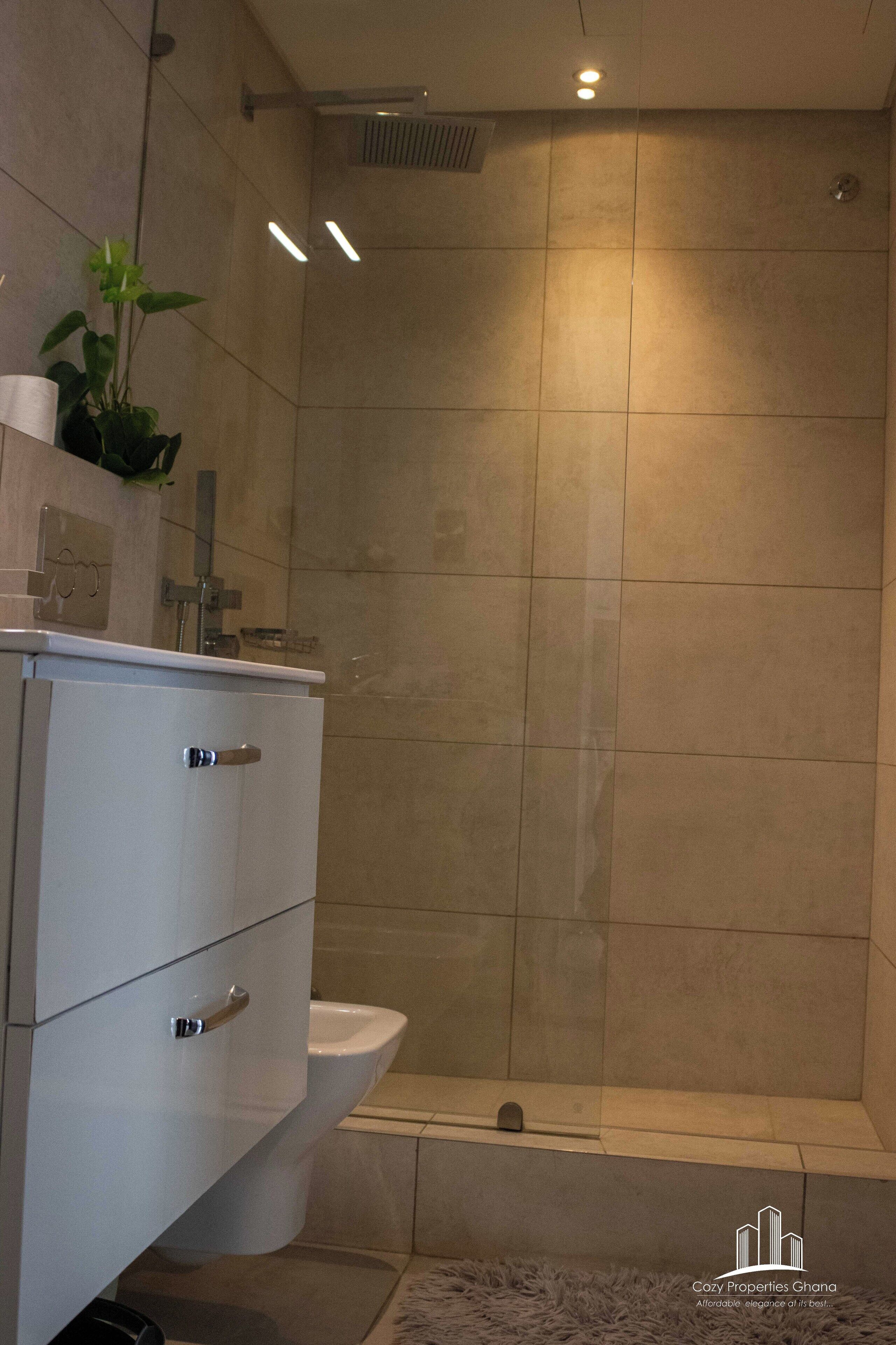 A modern bathroom with a toilet, a sink, and a shower area.