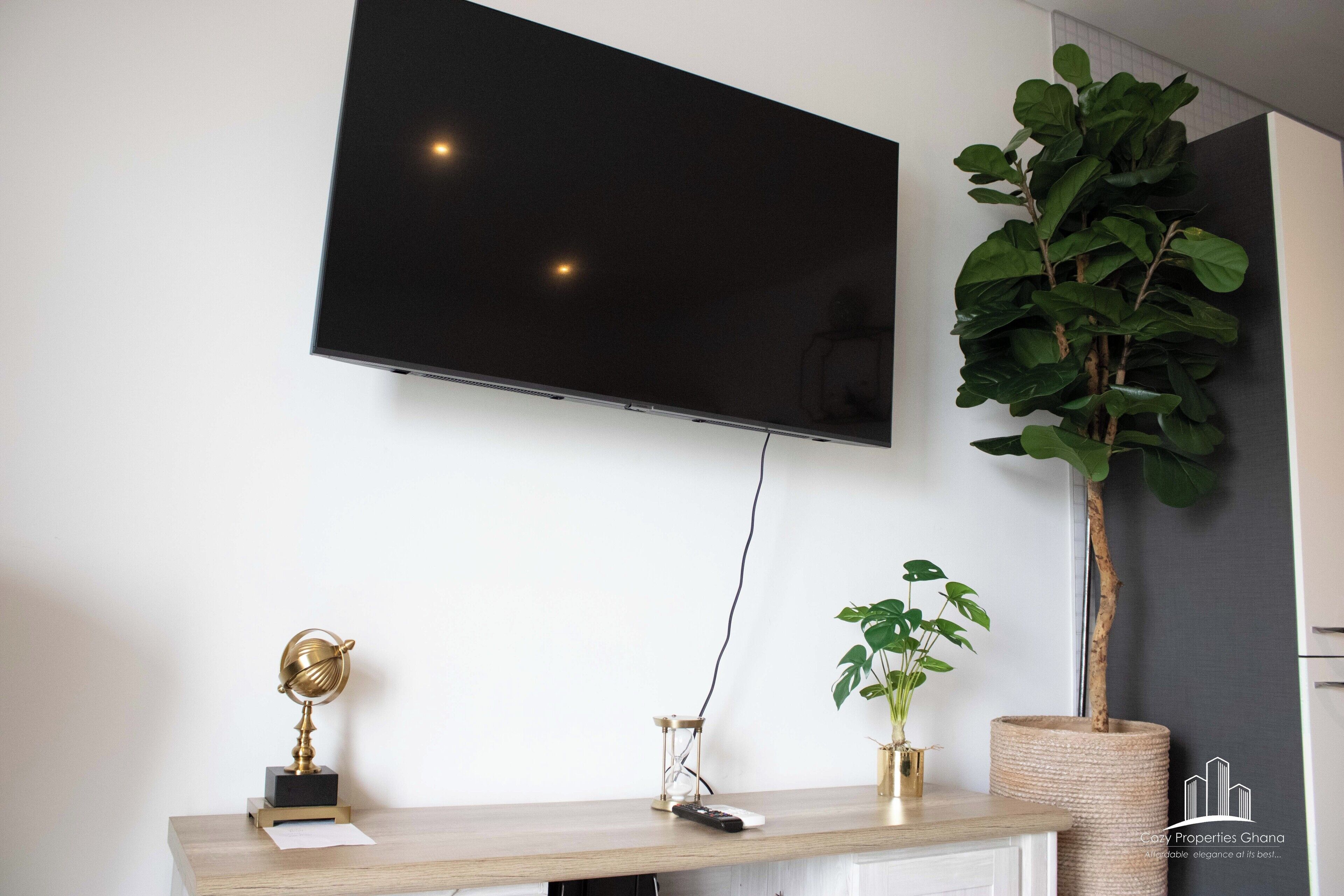 A modern living room with a flat-screen TV mounted on the wall, a wooden console table with a trophy, a remote control, and two potted plants.