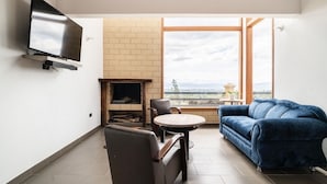 A modern living room with a TV, fireplace, sofa, and a view of the outdoors. - The village of San Juan (Villa de Leyva)