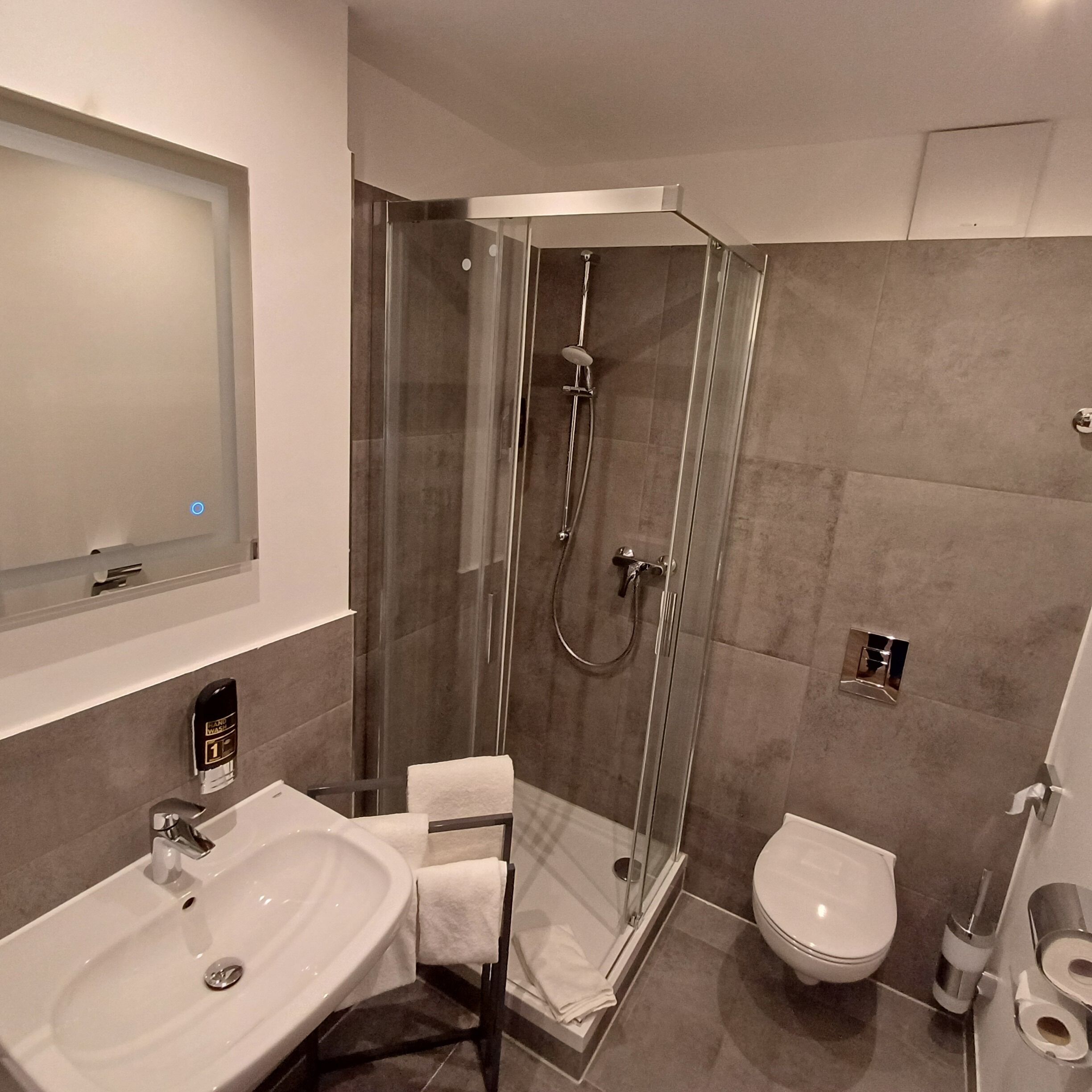 A modern bathroom with a glass-enclosed shower, a sink, and a toilet.