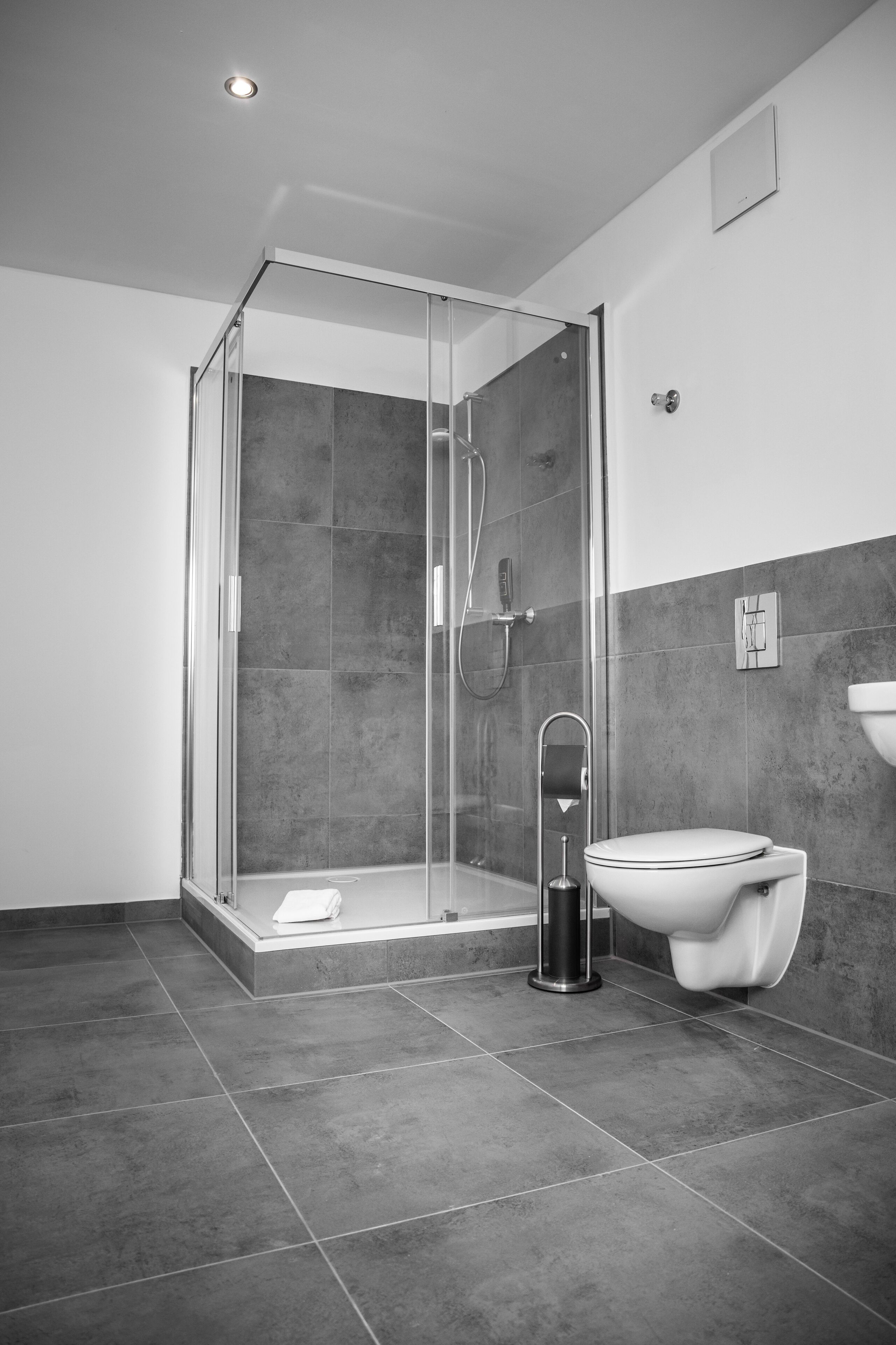 A modern bathroom with a glass-enclosed shower, a white toilet, and a wall-mounted sink.
