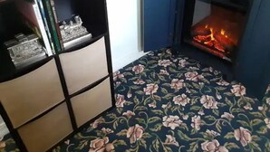 A room with a fireplace, a floral-patterned rug, and a bookshelf with books and decorative items.