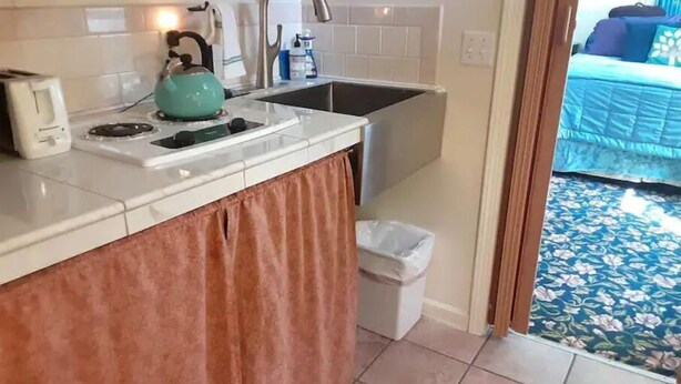 A compact kitchen with a sink, a kettle, and a trash bin. - Little Red Caboose with a View in the Scenic Columbia River Gorge (Troutdale)
