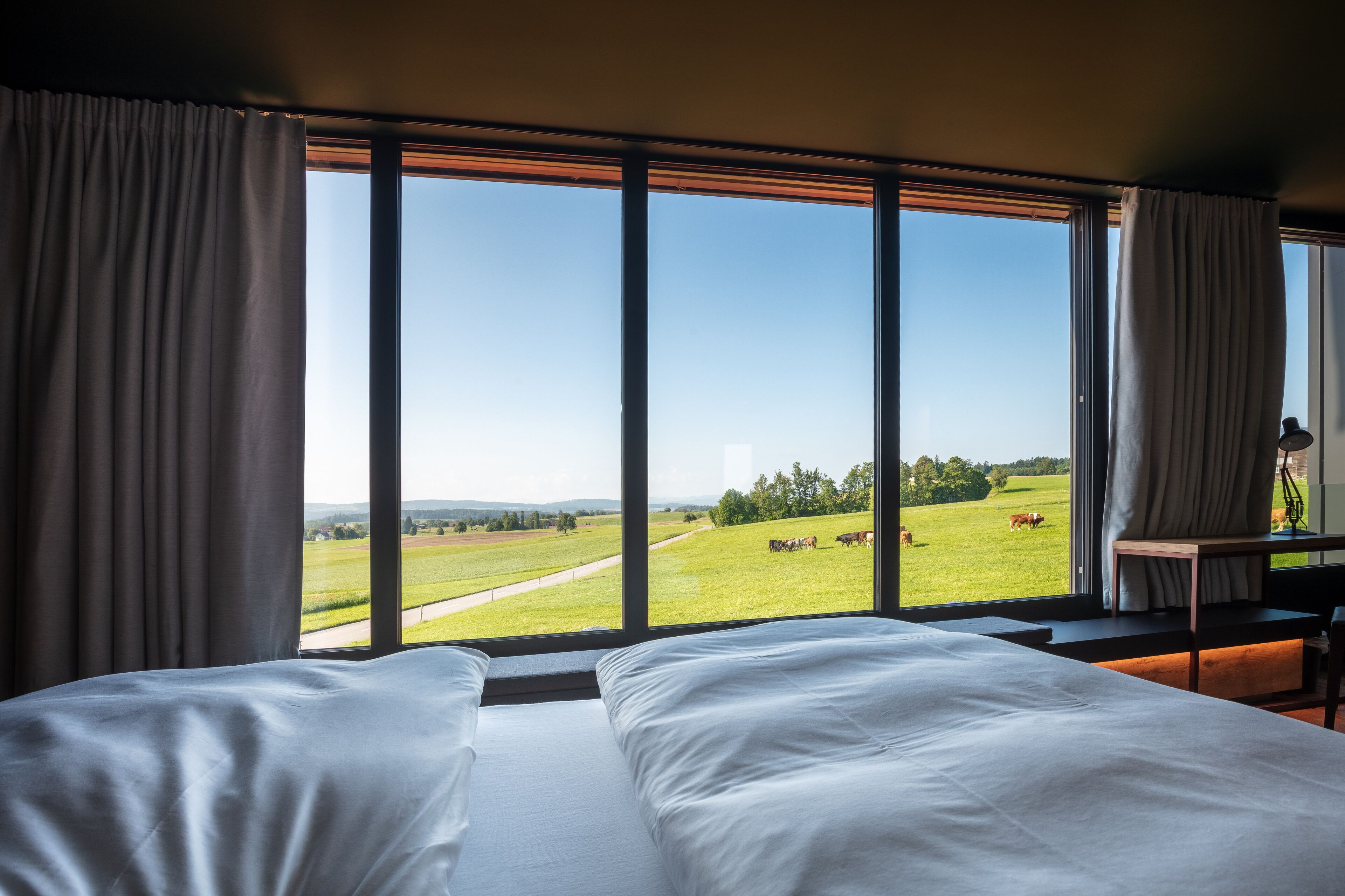Ein Schlafzimmer mit großem Fenster mit Blick auf ein grünes Feld mit Kühen.