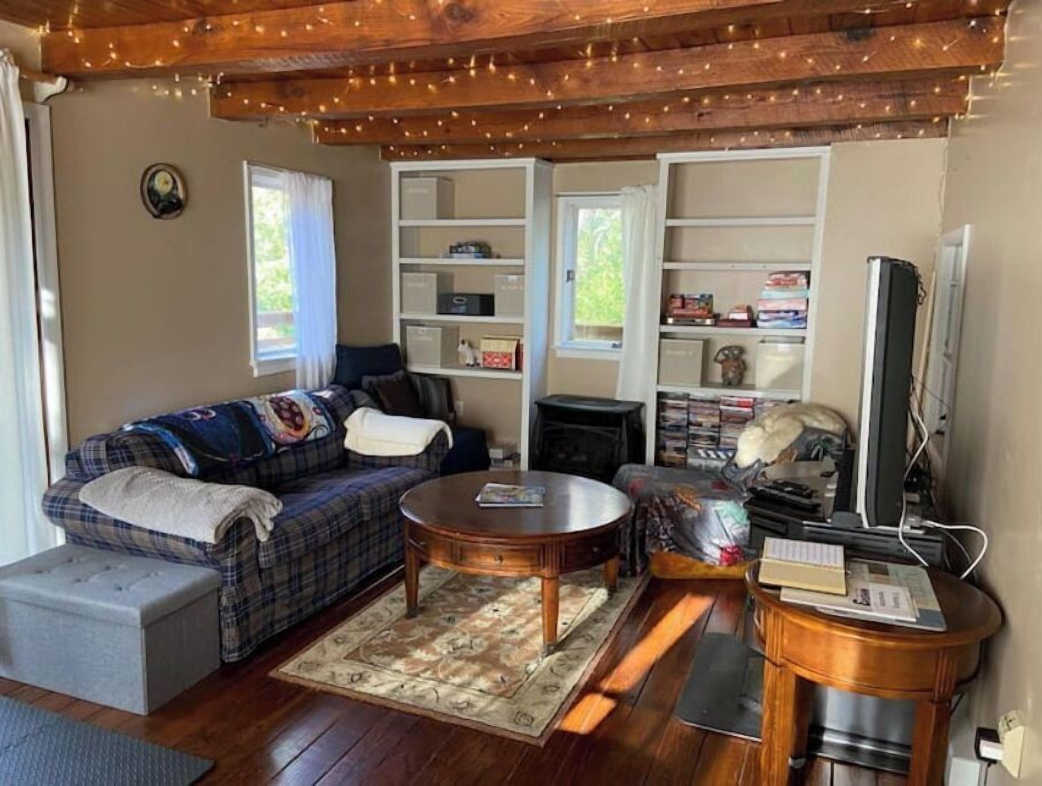 Televisión, chimenea, consola de videojuegos y reproductor de DVD 