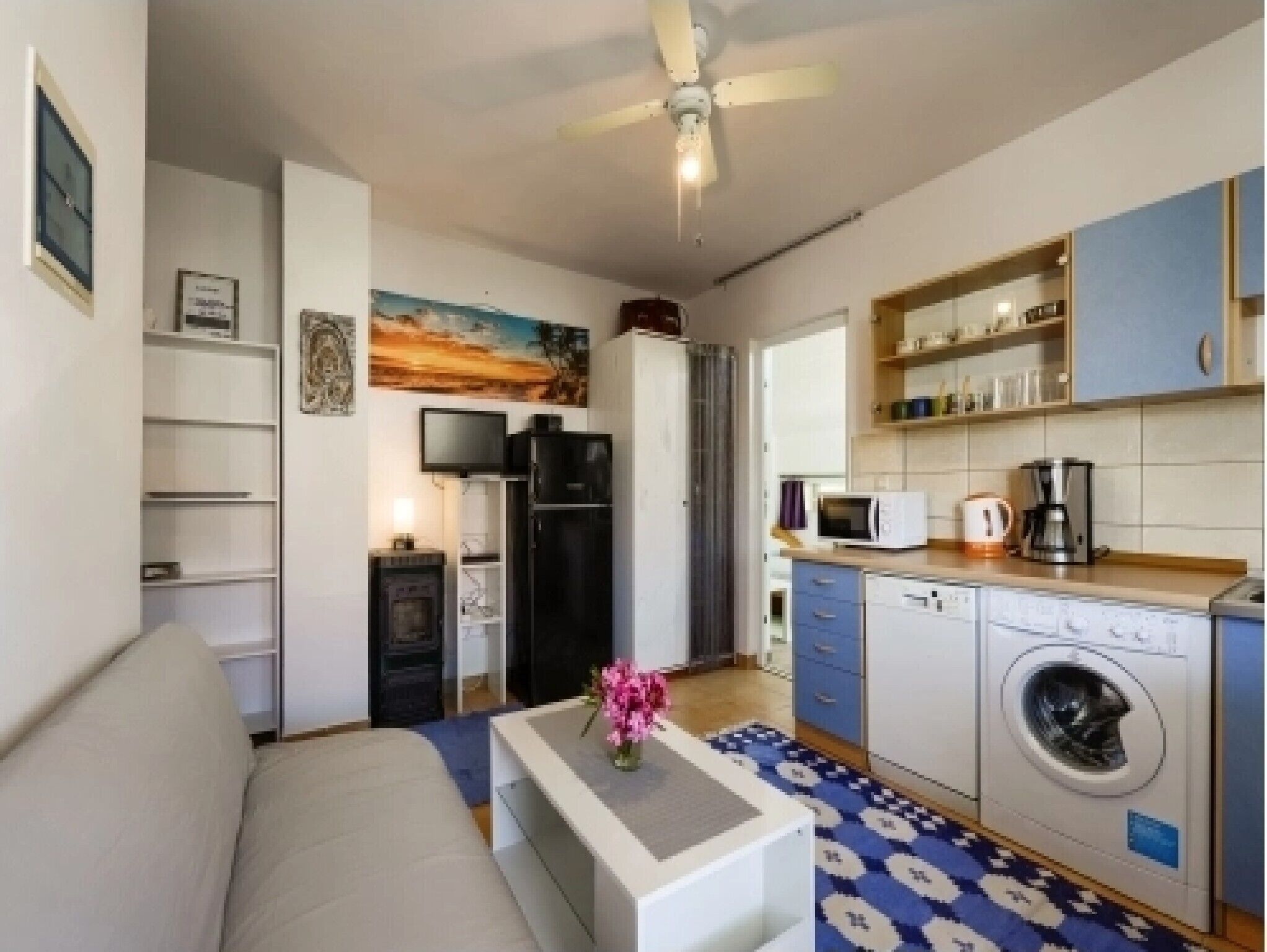 Un espace de vie compact comprenant un canapé, une table basse, un téléviseur, un réfrigérateur, un four à micro-ondes, un lave-linge et un ventilateur de plafond.