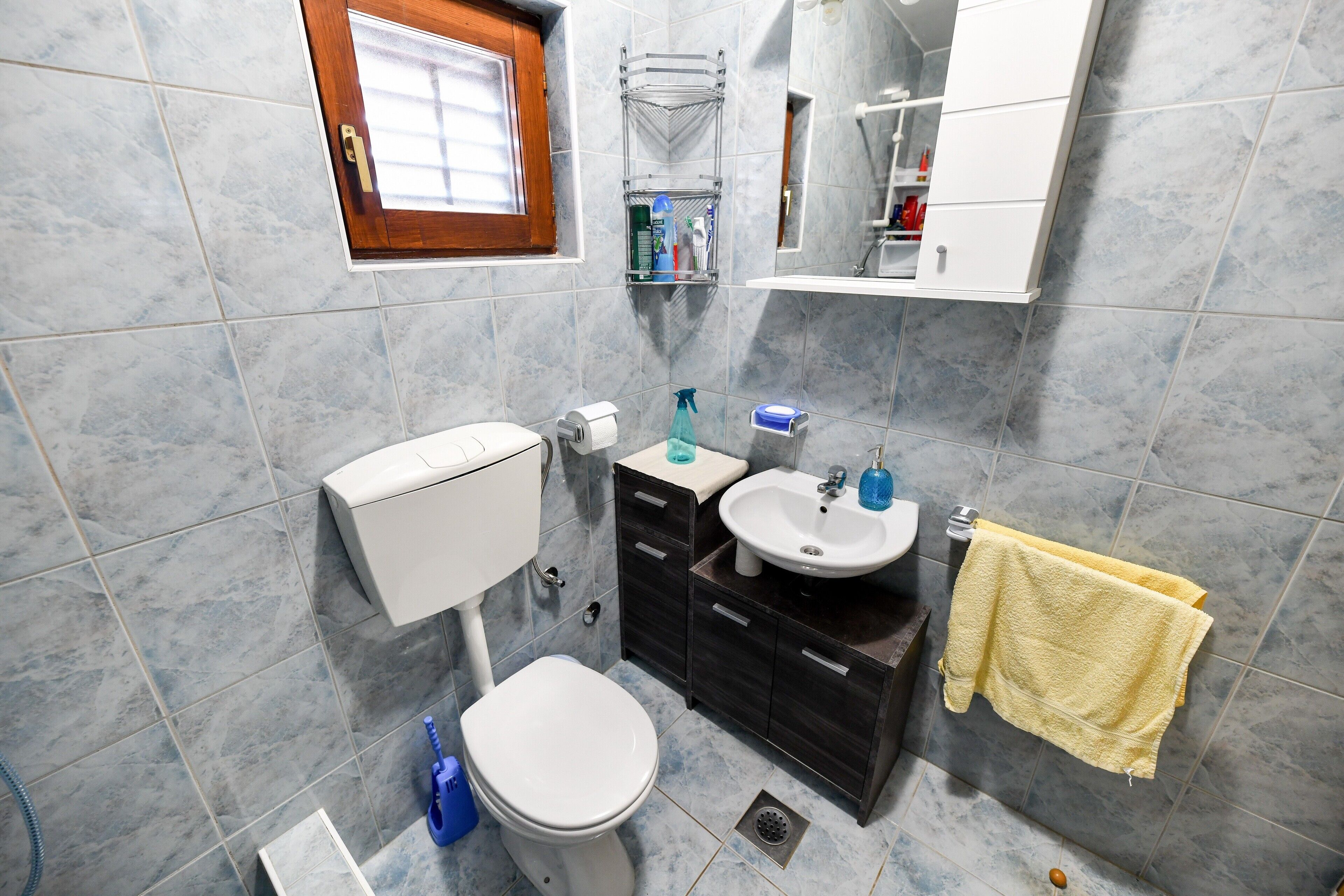 Un bagno con il water, un lavandino e mobili in legno scuro.