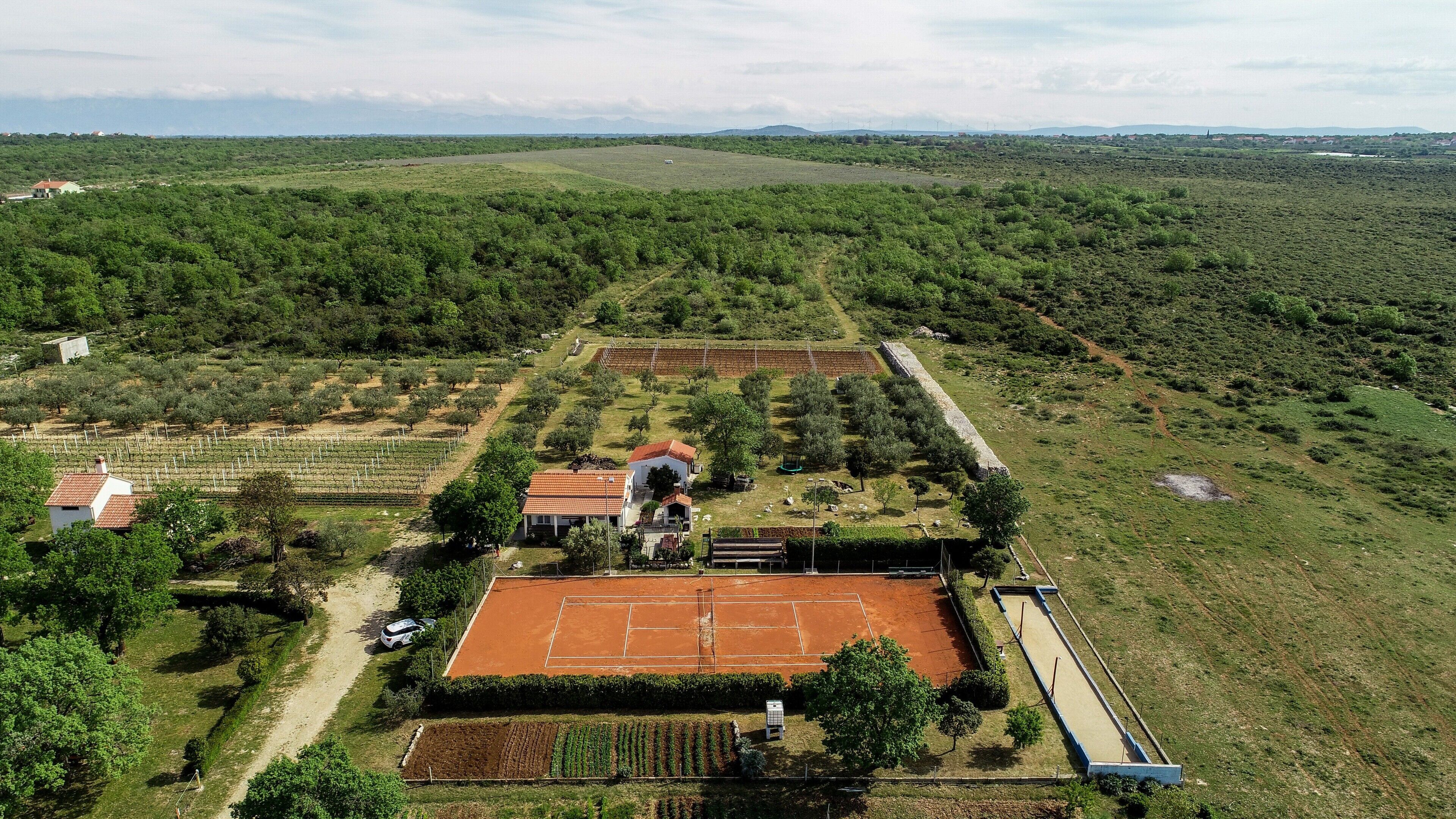 Vista aérea de una propiedad rural con viñedo, cancha de tenis y una pequeña casa con techo rojo.