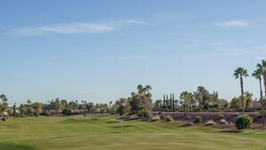 A golf course with a clear sky, palm trees, and a well-maintained green field.