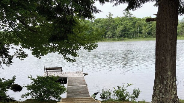 A wooden deck leading to a dock over a lake, surrounded by trees and pebbled areas. - Belgrade Lakes McGrath Pond (Oakland)