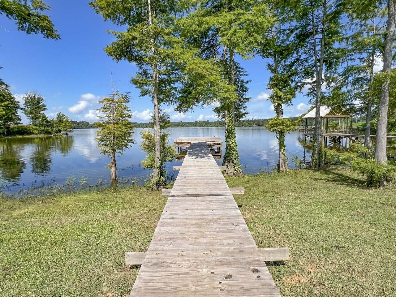 Un molo di legno conduce a una struttura coperta sul bordo di un lago, circondato da alberi.