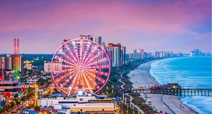 Experience the vibrant cityscape with a stunning Ferris wheel and breathtaking ocean views.