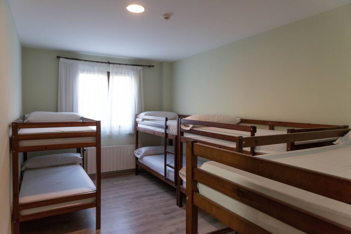A dormitory room with bunk beds, a window with curtains, and a radiator.