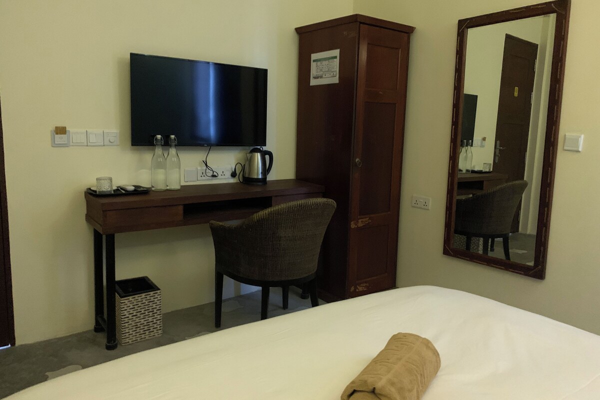 A hotel room with a bed, a desk with a chair, a television, a wardrobe, and a mirror.