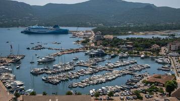 Un port de plaisance où sont amarrés de nombreux bateaux, un grand navire de croisière en arrière-plan et une ville avec des bâtiments et des véhicules.