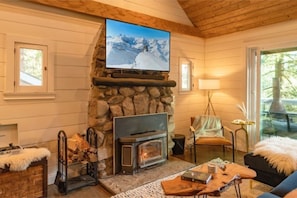 Smart-TV, Kamin, Bücher, Smart Speakers