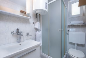 A modern bathroom with a glass-enclosed shower, a white sink, and a toilet.