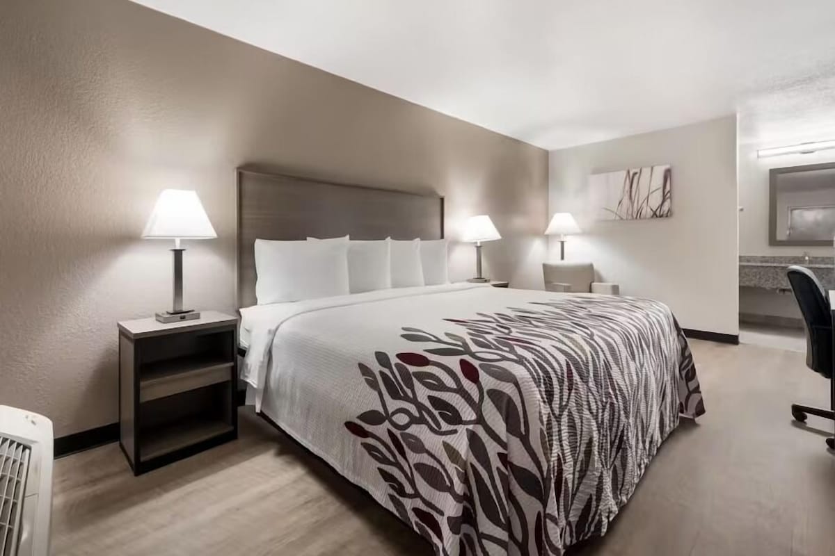A hotel room with a large bed, two bedside tables with lamps, a chair, and a TV.