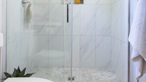Eine Duschkabine mit Glas, eine weiße Toilette und ein kleiner Topfpflanze.
