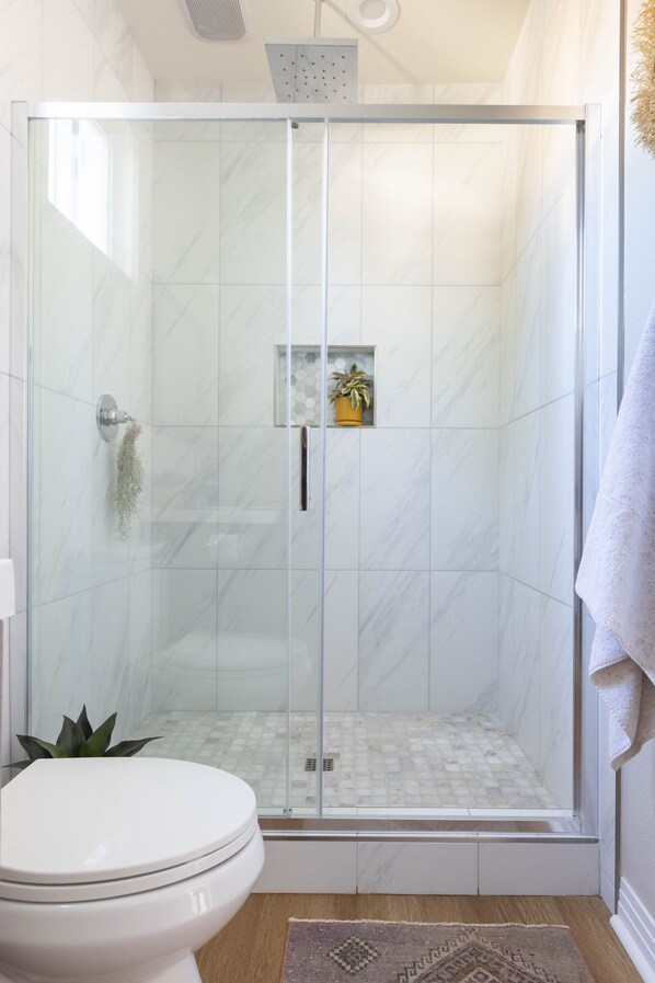 Une douche fermée par des parois de verre, avec des toilettes blanches et une petite plante en pot.