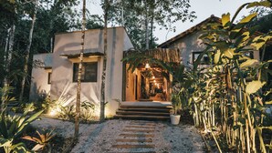 Une maison moderne avec un chemin de gravier menant à une porte en bois, entourée d’une végétation luxuriante et dotée d’un intérieur bien éclairé.