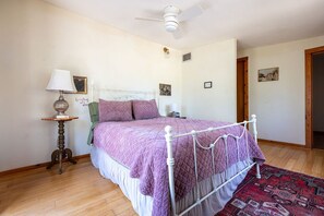 A bedroom with a bed, a lamp, a ceiling fan, and a door. - The Library - A Hill Country Cottage (San Marcos)
