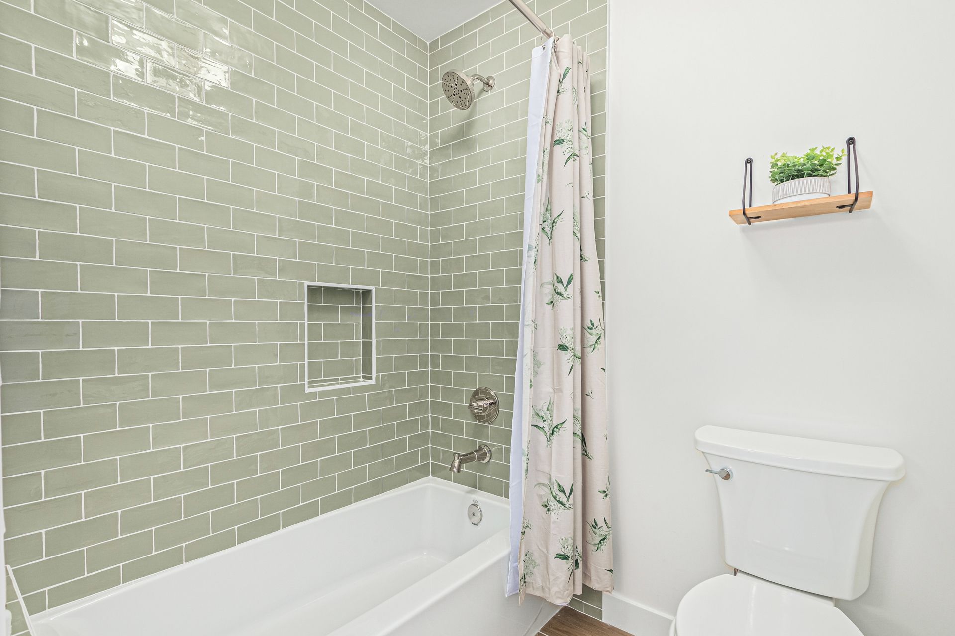 Un baño con ducha, inodoro y un pequeño estante con una planta.
