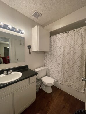 Secadora de cabello, toallas, jabón, papel de baño 